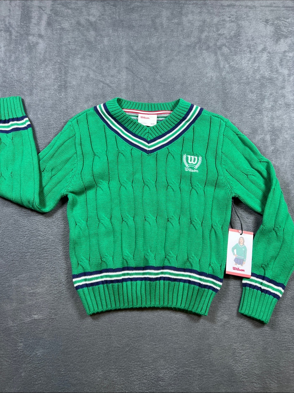 Wilson Bright Green Cable-Knit V-Neck Sweater with Navy & White Trim